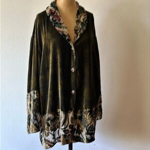 Citron Santa Monica sz M green silk cardigan/ jacket w/ silk burnout details EUC
